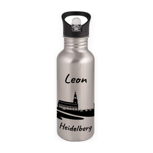 Trinkflasche in Silber 600ml aus Edelstahl bedruckt mit der Skyline von Heidelberg personalisierbar mit Wunschname