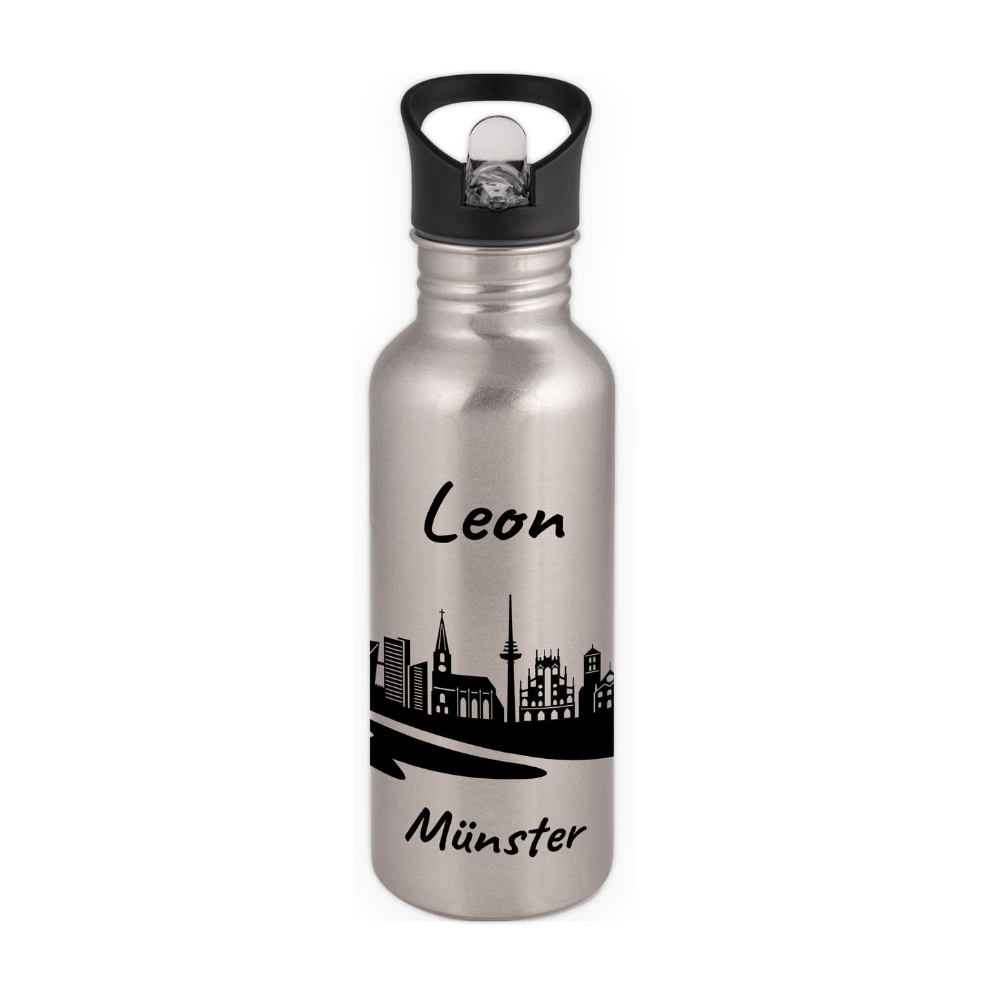 Trinkflasche in Silber 600ml aus Edelstahl bedruckt mit der Skyline von Münster personalisierbar mit Wunschname