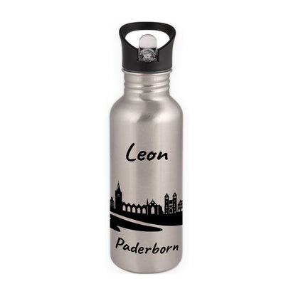 Trinkflasche in Silber 600ml aus Edelstahl bedruckt mit der Skyline von Paderborn personalisierbar mit Wunschname