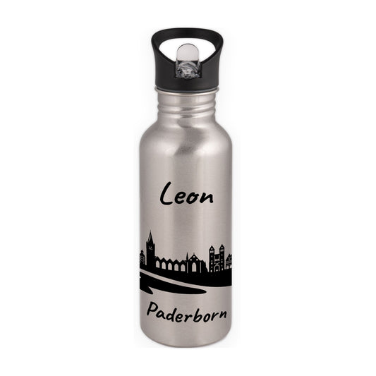 Trinkflasche in Silber 600ml aus Edelstahl bedruckt mit der Skyline von Paderborn personalisierbar mit Wunschname