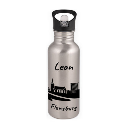 Trinkflasche in Silber 600ml aus Edelstahl bedruckt mit der Skyline von Flensburg personalisierbar mit Wunschname
