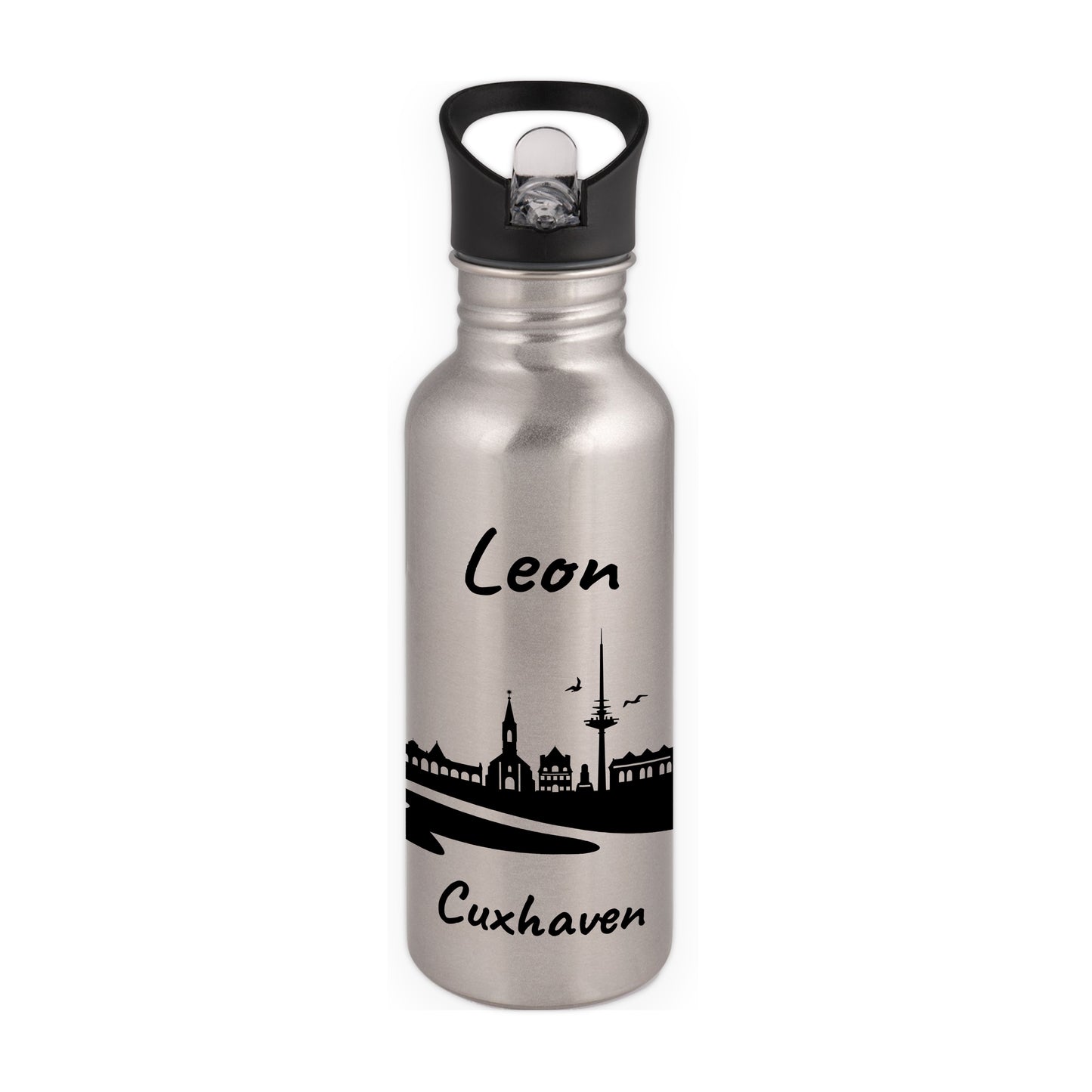 Trinkflasche in Silber 600ml aus Edelstahl bedruckt mit der Skyline von Cuxhaven personalisierbar mit Wunschname