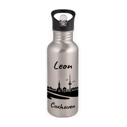 Trinkflasche in Silber 600ml aus Edelstahl bedruckt mit der Skyline von Cuxhaven personalisierbar mit Wunschname