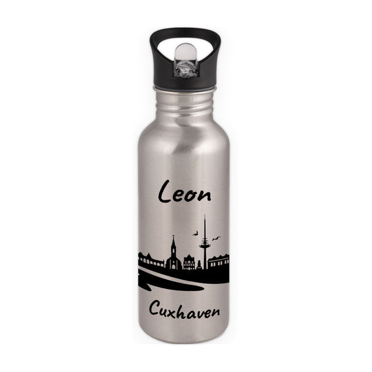 Trinkflasche in Silber 600ml aus Edelstahl bedruckt mit der Skyline von Cuxhaven personalisierbar mit Wunschname