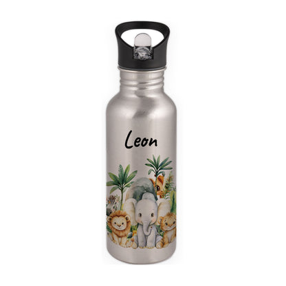 Trinkflasche mit Strohhalm in Silber 600ml bedruckt mit Dschungel Tieren"Dschungel Tiere" personalisierbar für Kinder mit Wunschname aus Edelstahl