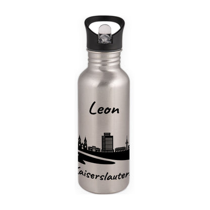 Trinkflasche in Silber 600ml aus Edelstahl bedruckt mit der Skyline von Kaiserslautern personalisierbar mit Wunschname