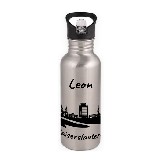 Trinkflasche in Silber 600ml aus Edelstahl bedruckt mit der Skyline von Kaiserslautern personalisierbar mit Wunschname