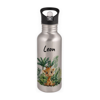 Trinkflasche mit Strohhalm in Silber 600ml bedruckt mit Dschungel Tieren"Giraffe" personalisierbar für Kinder mit Wunschname aus Edelstahl