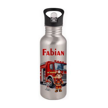 Trinkflasche mit Strohhalm in Silber 600ml bedruckt mit tollen Motiven für Kinder "Feuerwehr" personalisierbar für Kinder mit Wunschname aus Edelstahl