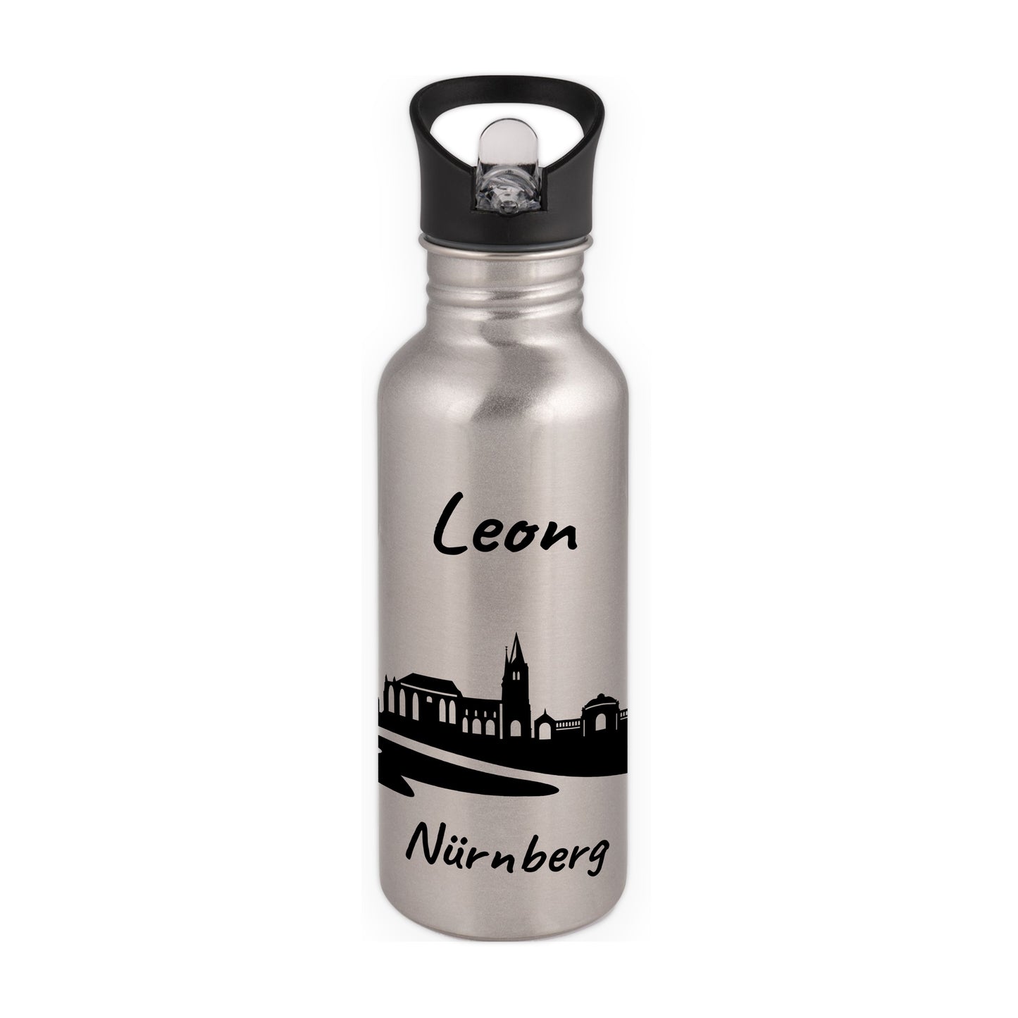 Trinkflasche in Silber 600ml aus Edelstahl bedruckt mit der Skyline von Nürnberg personalisierbar mit Wunschname