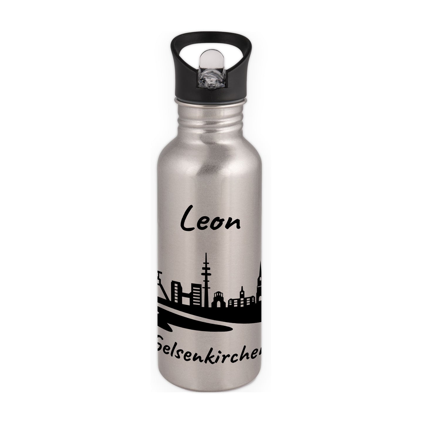 Trinkflasche in Silber 600ml aus Edelstahl bedruckt mit der Skyline von Gelsenkirchen personalisierbar mit Wunschname