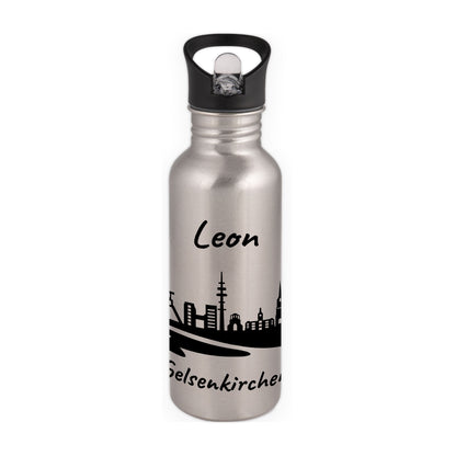 Trinkflasche in Silber 600ml aus Edelstahl bedruckt mit der Skyline von Gelsenkirchen personalisierbar mit Wunschname