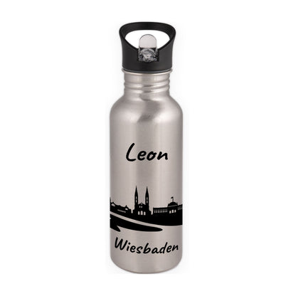 Trinkflasche in Silber 600ml aus Edelstahl bedruckt mit der Skyline von Wiesbaden personalisierbar mit Wunschname