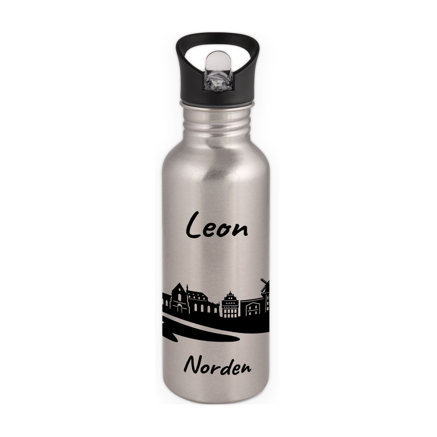 Trinkflasche in Silber 600ml aus Edelstahl bedruckt mit der Skyline von Norden personalisierbar mit Wunschname