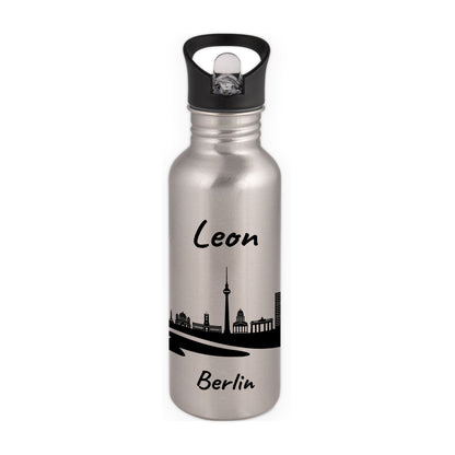 Trinkflasche in Silber 600ml aus Edelstahl bedruckt mit der Skyline von Berlin personalisierbar mit Wunschname