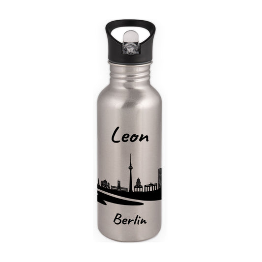 Trinkflasche in Silber 600ml aus Edelstahl bedruckt mit der Skyline von Berlin personalisierbar mit Wunschname