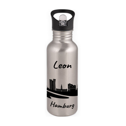 Trinkflasche in Silber 600ml aus Edelstahl bedruckt mit der Skyline von Hamburg personalisierbar mit Wunschname