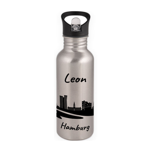 Trinkflasche in Silber 600ml aus Edelstahl bedruckt mit der Skyline von Hamburg personalisierbar mit Wunschname