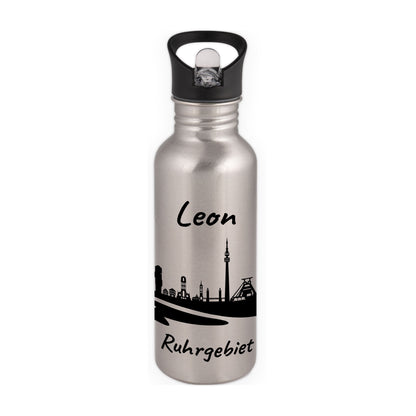 Trinkflasche in Silber 600ml aus Edelstahl bedruckt mit der Skyline von Ruhrgebiet personalisierbar mit Wunschname