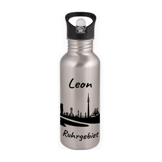 Trinkflasche in Silber 600ml aus Edelstahl bedruckt mit der Skyline von Ruhrgebiet personalisierbar mit Wunschname