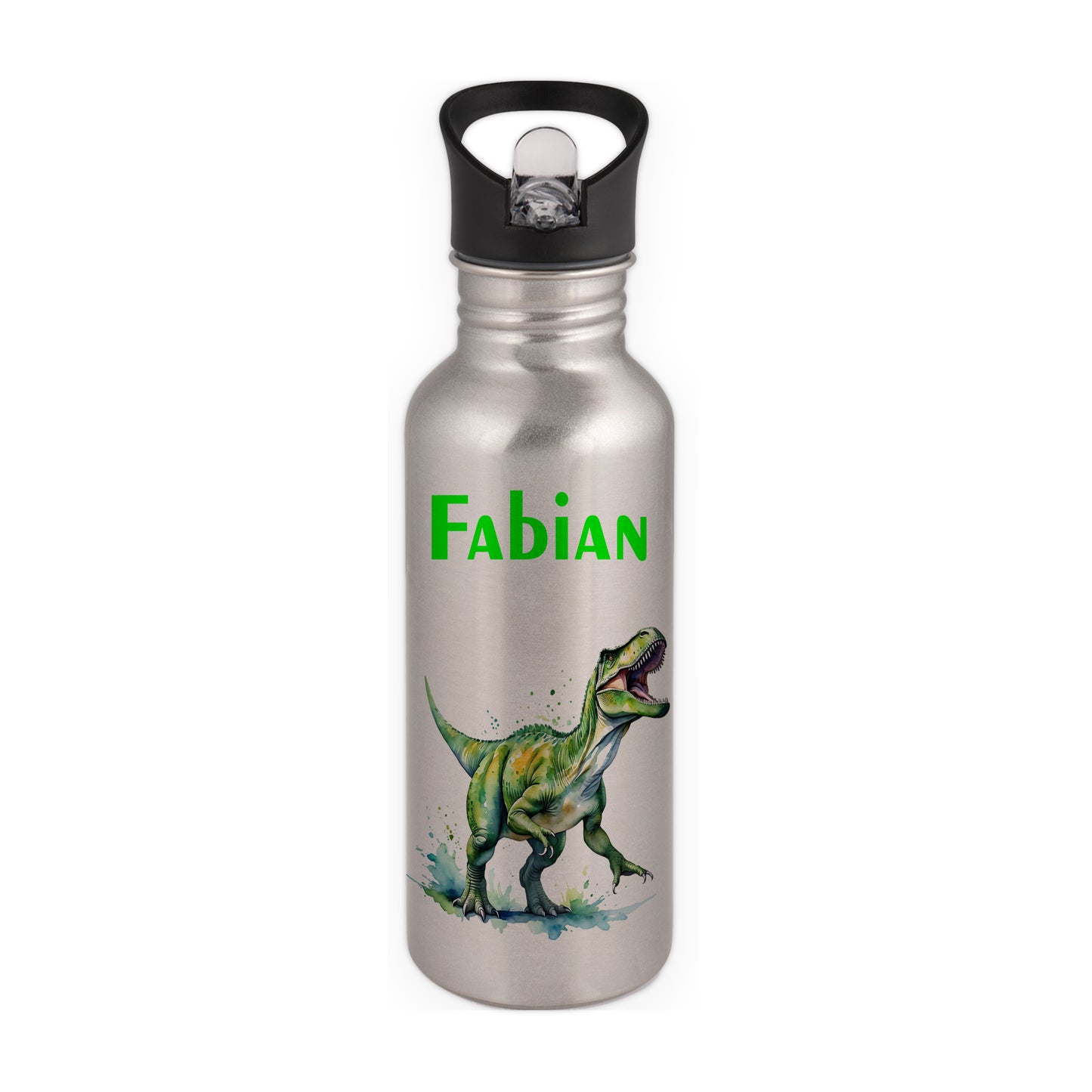 Trinkflasche mit Strohhalm in Silber 600ml bedruckt mit tollen Motiven für Kinder "Dino T-Rex" personalisierbar für Kinder mit Wunschname aus Edelstahl