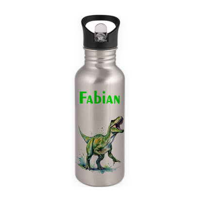 Trinkflasche mit Strohhalm in Silber 600ml bedruckt mit tollen Motiven für Kinder "Dino T-Rex" personalisierbar für Kinder mit Wunschname aus Edelstahl
