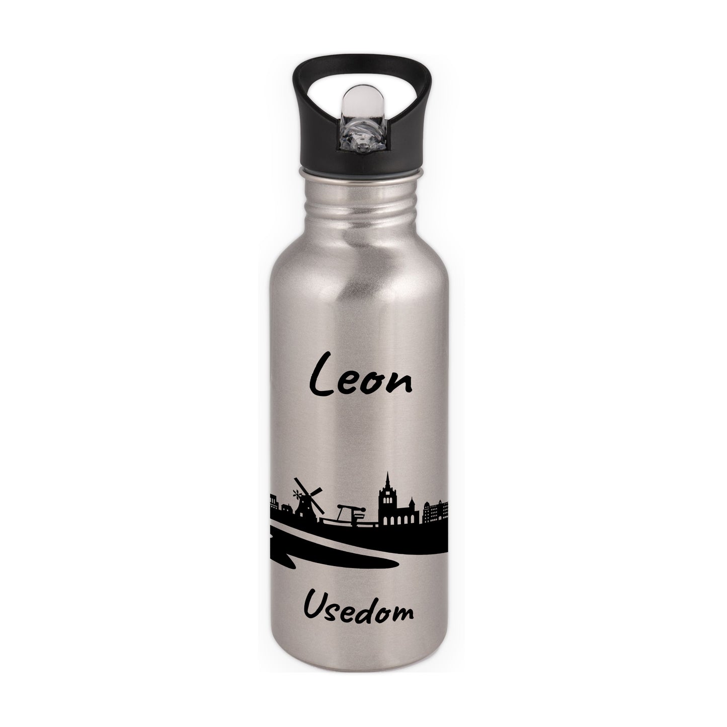 Trinkflasche in Silber 600ml aus Edelstahl bedruckt mit der Skyline von Usedom personalisierbar mit Wunschname