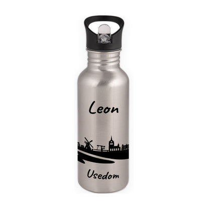 Trinkflasche in Silber 600ml aus Edelstahl bedruckt mit der Skyline von Usedom personalisierbar mit Wunschname