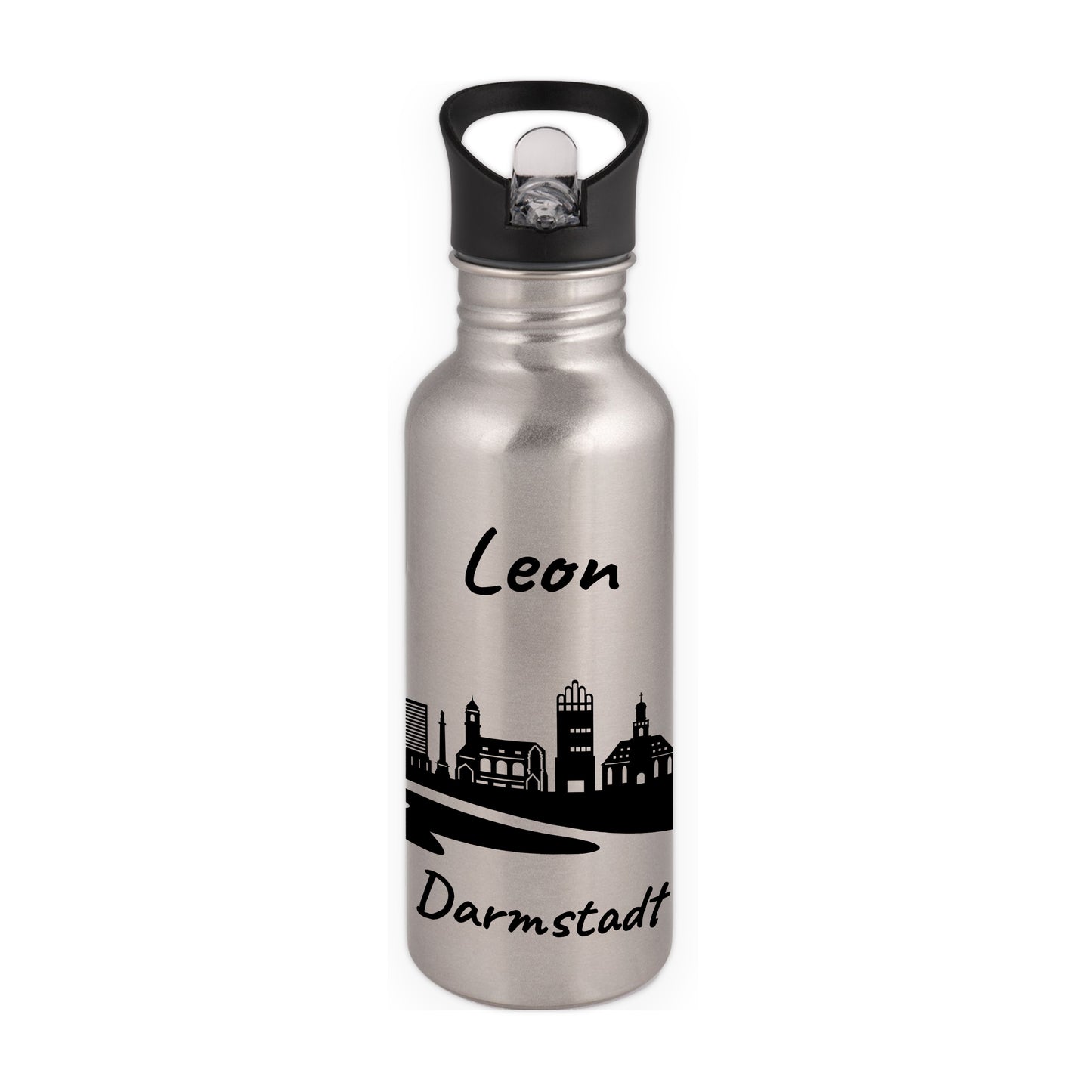 Trinkflasche in Silber 600ml aus Edelstahl bedruckt mit der Skyline von Darmstadt personalisierbar mit Wunschname