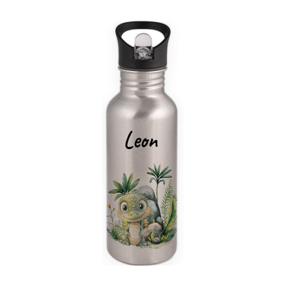 Trinkflasche mit Strohhalm in Silber 600ml bedruckt mit Dschungel Tieren"Krokodil" personalisierbar für Kinder mit Wunschname aus Edelstahl