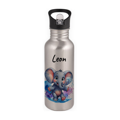 Trinkflasche mit Strohhalm in Silber 600ml bedruckt mit niedlichen Tieren"Elefant" personalisierbar für Kinder mit Wunschname aus Edelstahl