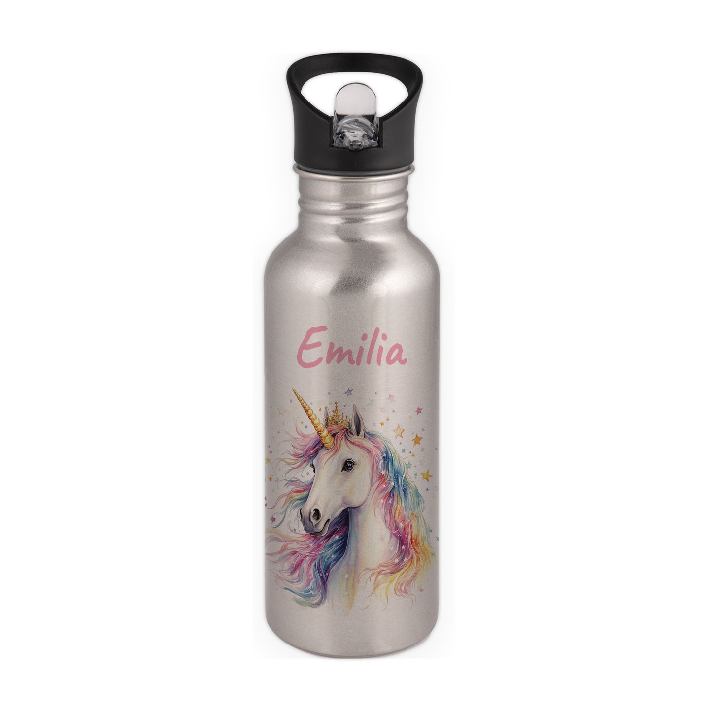 Trinkflasche mit Strohhalm in Silber 600ml bedruckt mit tollen Motiven für Kinder "Einhorn" personalisierbar für Kinder mit Wunschname aus Edelstahl