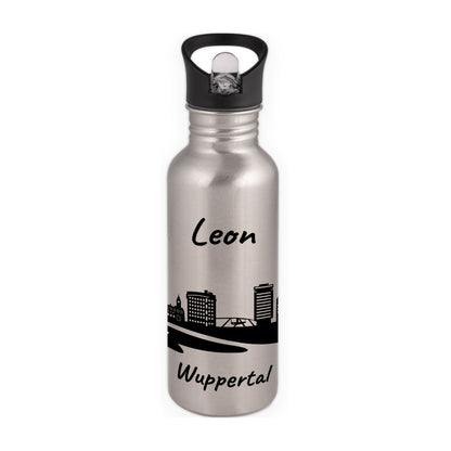 Trinkflasche in Silber 600ml aus Edelstahl bedruckt mit der Skyline von Wuppertal personalisierbar mit Wunschname