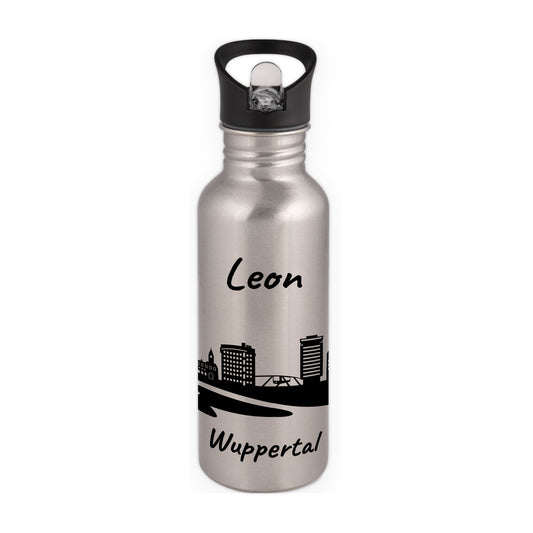 Trinkflasche in Silber 600ml aus Edelstahl bedruckt mit der Skyline von Wuppertal personalisierbar mit Wunschname