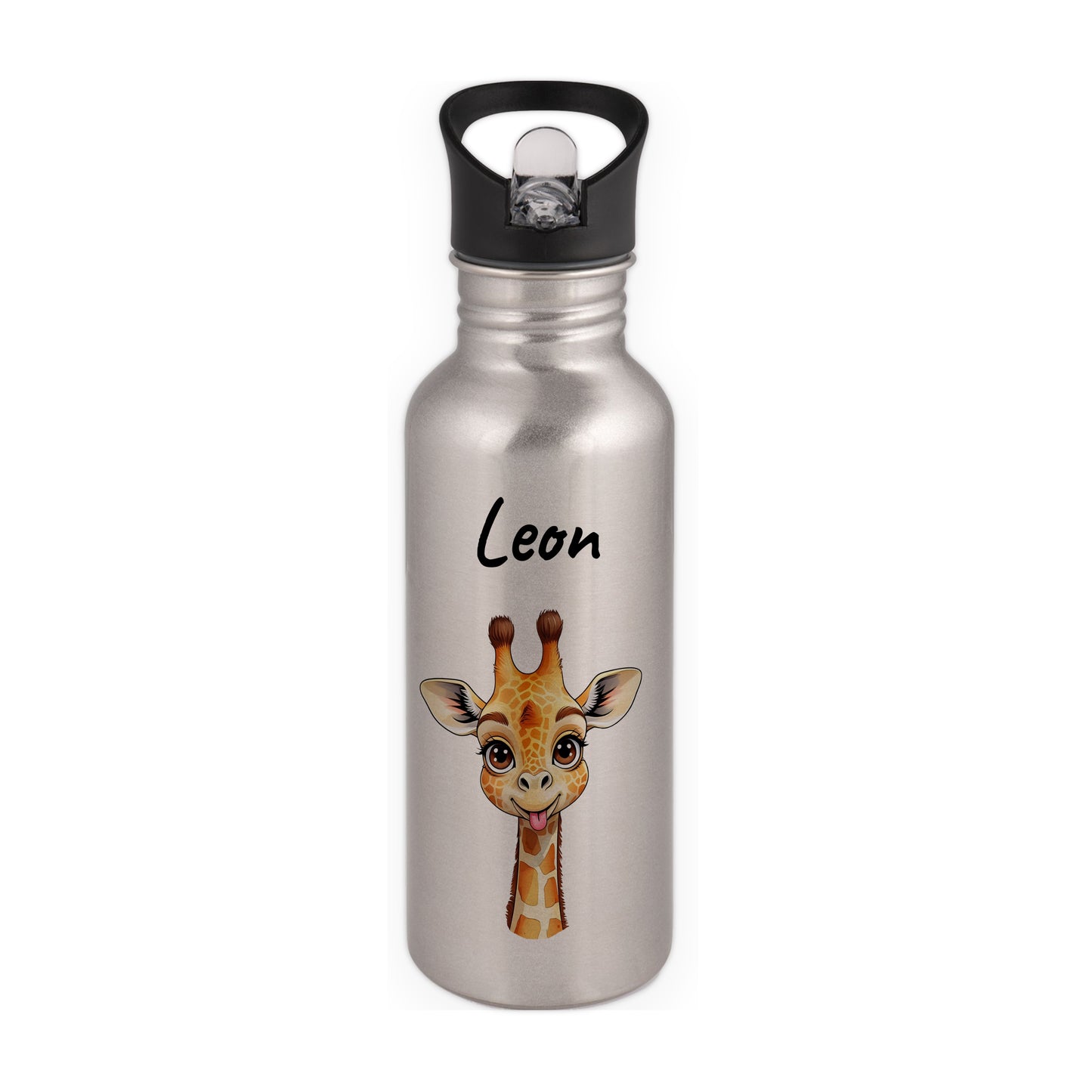 Trinkflasche mit Strohhalm in Silber 600ml bedruckt mit niedlichen Tieren"Giraffe" personalisierbar für Kinder mit Wunschname aus Edelstahl