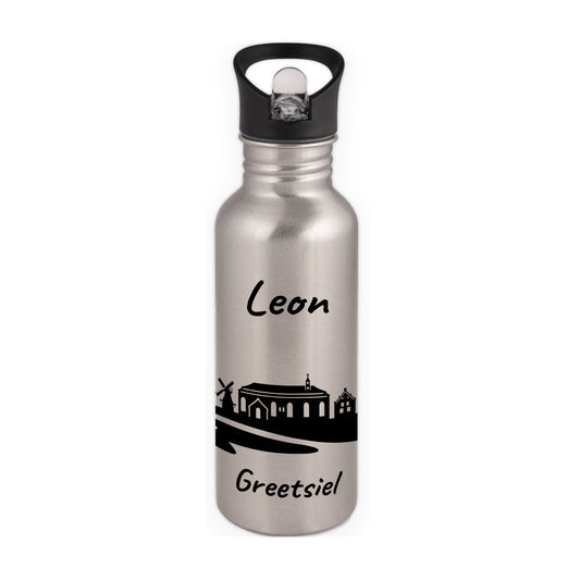 Trinkflasche in Silber 600ml aus Edelstahl bedruckt mit der Skyline von Greetsiel personalisierbar mit Wunschname