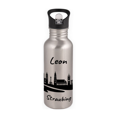 Trinkflasche in Silber 600ml aus Edelstahl bedruckt mit der Skyline von Straubing personalisierbar mit Wunschname