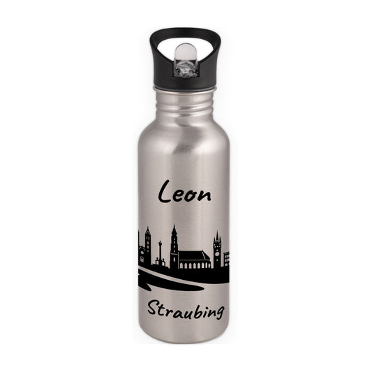 Trinkflasche in Silber 600ml aus Edelstahl bedruckt mit der Skyline von Straubing personalisierbar mit Wunschname