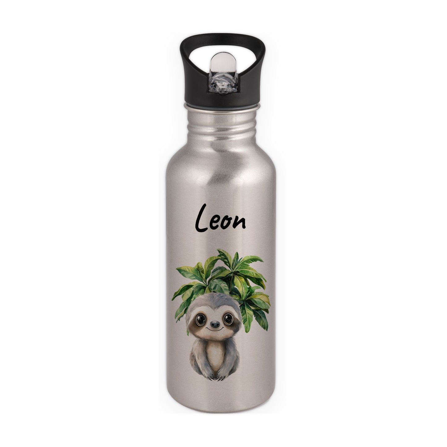 Trinkflasche mit Strohhalm in Silber 600ml bedruckt mit Dschungel Tieren"Faultier" personalisierbar für Kinder mit Wunschname aus Edelstahl