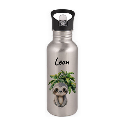 Trinkflasche mit Strohhalm in Silber 600ml bedruckt mit Dschungel Tieren"Faultier" personalisierbar für Kinder mit Wunschname aus Edelstahl