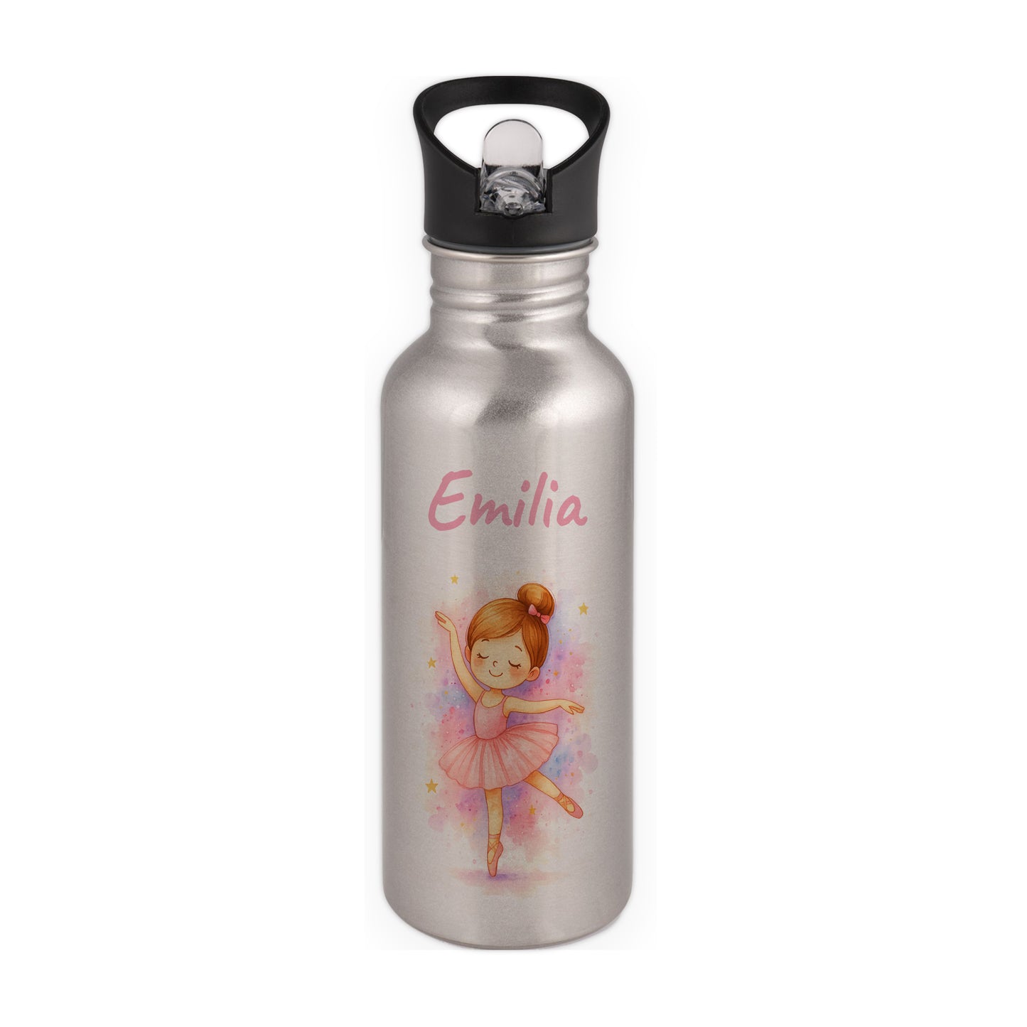 Trinkflasche mit Strohhalm in Silber 600ml bedruckt mit tollen Motiven für Kinder "Ballerina" personalisierbar für Kinder mit Wunschname aus Edelstahl