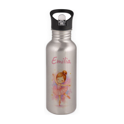 Trinkflasche mit Strohhalm in Silber 600ml bedruckt mit tollen Motiven für Kinder "Ballerina" personalisierbar für Kinder mit Wunschname aus Edelstahl