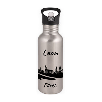 Trinkflasche in Silber 600ml aus Edelstahl bedruckt mit der Skyline von Fürth personalisierbar mit Wunschname