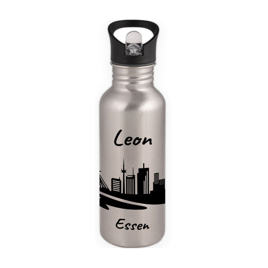 Trinkflasche in Silber 600ml aus Edelstahl bedruckt mit der Skyline von Essen personalisierbar mit Wunschname