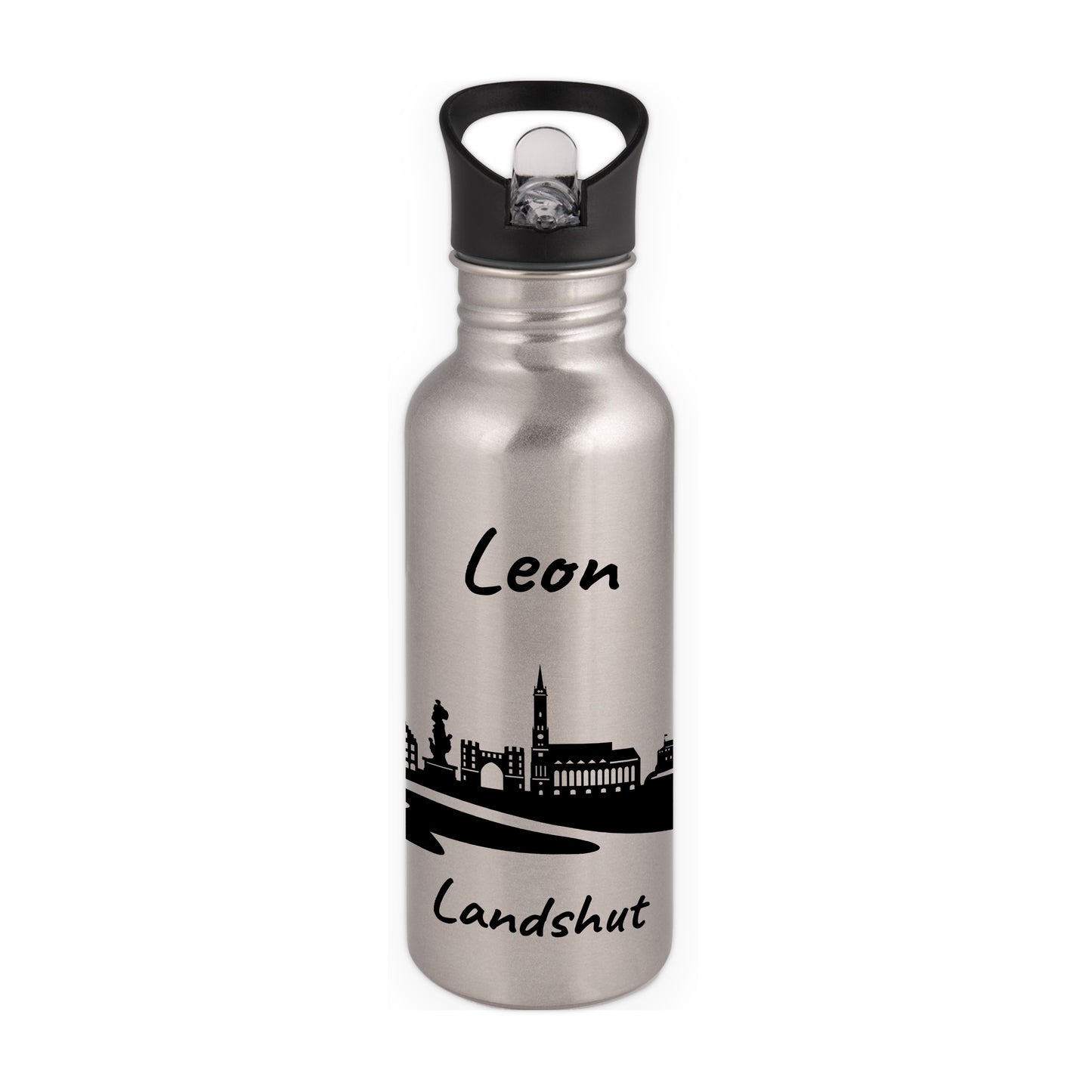 Trinkflasche in Silber 600ml aus Edelstahl bedruckt mit der Skyline von Landshut personalisierbar mit Wunschname