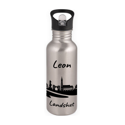 Trinkflasche in Silber 600ml aus Edelstahl bedruckt mit der Skyline von Landshut personalisierbar mit Wunschname