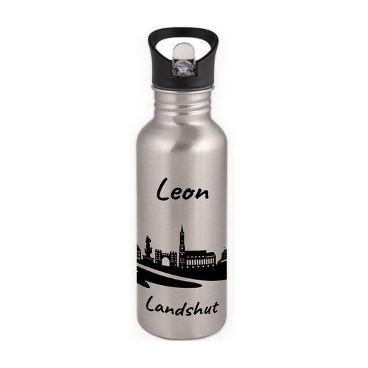 Trinkflasche in Silber 600ml aus Edelstahl bedruckt mit der Skyline von Landshut personalisierbar mit Wunschname