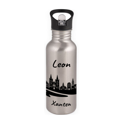 Trinkflasche in Silber 600ml aus Edelstahl bedruckt mit der Skyline von Xanten personalisierbar mit Wunschname