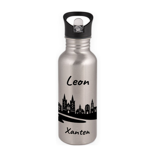 Trinkflasche in Silber 600ml aus Edelstahl bedruckt mit der Skyline von Xanten personalisierbar mit Wunschname