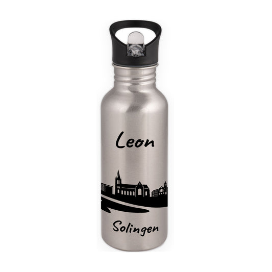 Trinkflasche in Silber 600ml aus Edelstahl bedruckt mit der Skyline von Solingen personalisierbar mit Wunschname